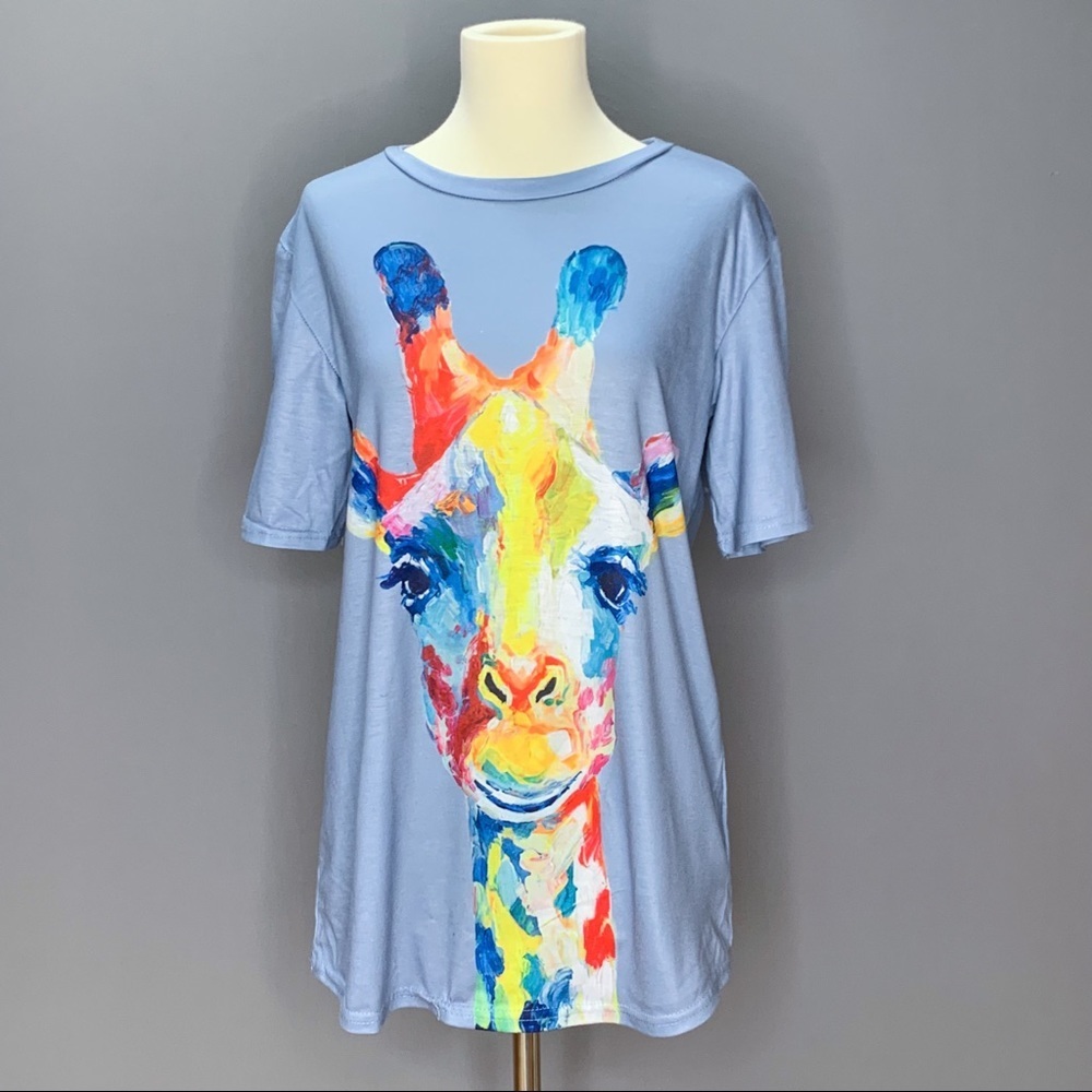 Colorful rainbow giraffe print blue t-shirt, S.